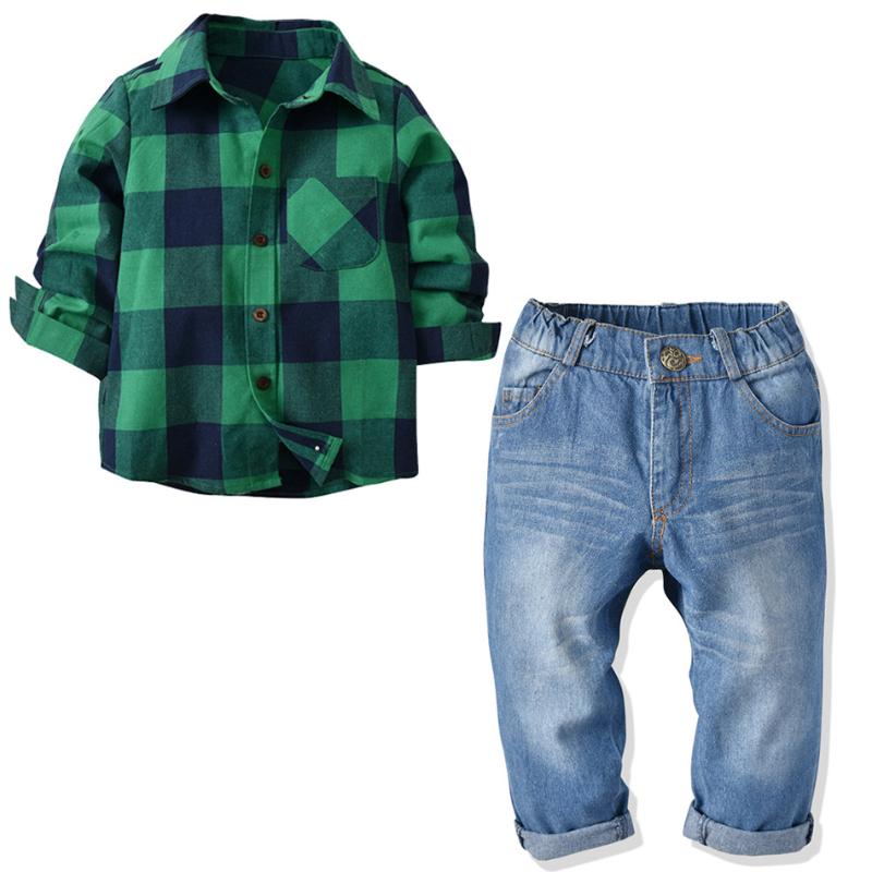 

2020 Boys Plaid Long Sleeve Shirt+Pants Suits Costume Fashion Cotton Two Pieces Sets Autumn Children Denim Overalls Clothing, Beige