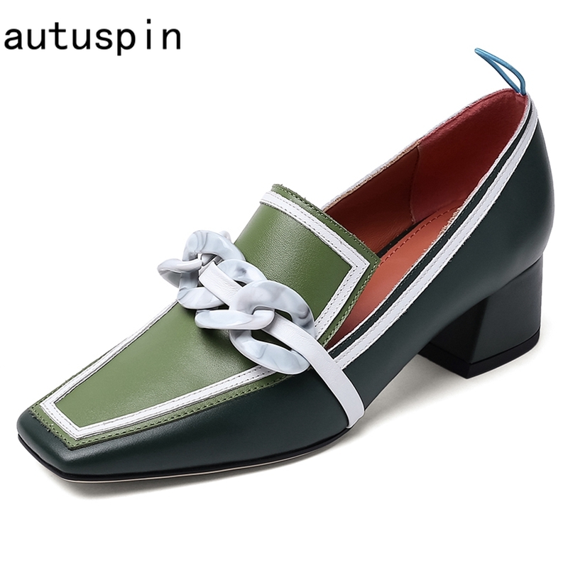 

autuspin Women Casual Med Heel Loafers Fashion Elegant Contrast Color Genuine Leather Shoes Female Square Toe Pumps Winter Fall, Blue