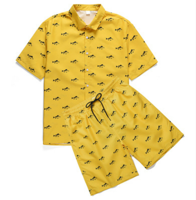 

New Stylish Men Casual Suit Quick-drying Beach Pants Men's Seaside Vacation Men's Trendy Suit Small Fish Floral Print Summer New, Yellow
