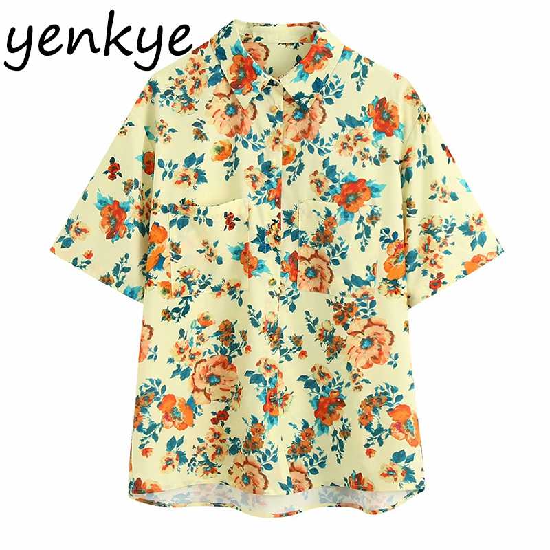 

Multicolor Floral Print Blouse Shirt Women Short Sleeve Turn-down Collar Pockets Casual Summer Shirts Streetwear Plus Size, As pic