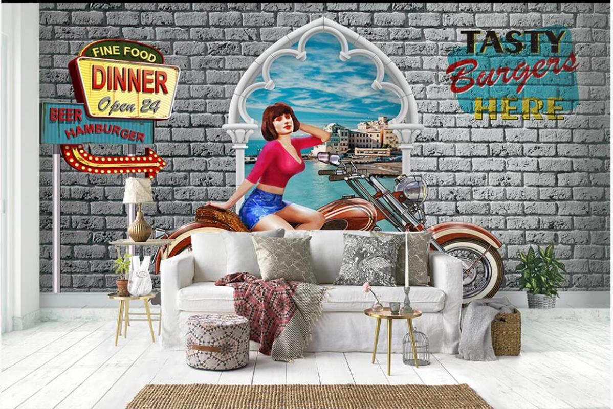 

3d wallpaper custom photo any size mural British Retro Motorcycle Girl Brick Wall living room home decor wallpaper for walls 3 d, Non-woven wallpaper