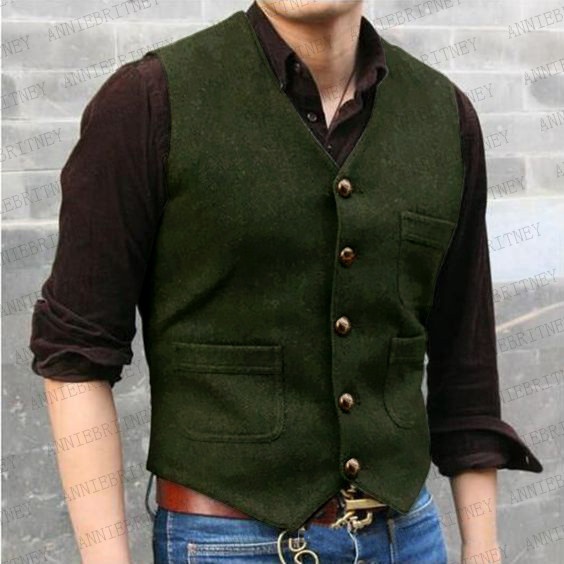 

British style Tweed Vest For Men 2020 Slim Fit Green Mens Suit Vest Male Waistcoat Gilet Homme Casual Brown Sleeveless Jacket, 10- brown