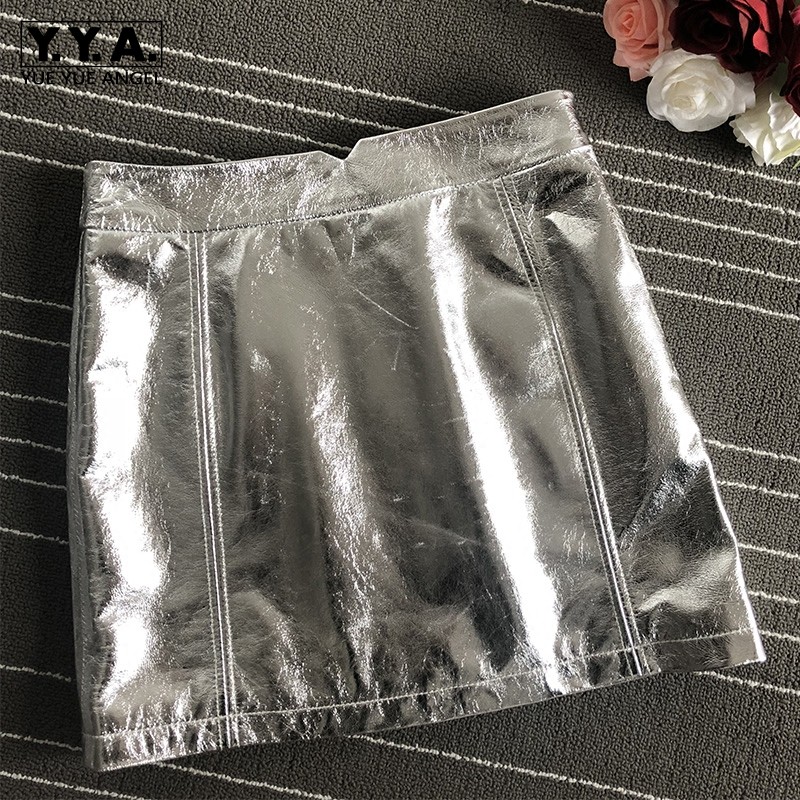 

Brand Designer Women Silver Sheepskin Leather Wrap Skirt New High Waist Slim Fit A Line Punk Style Ladies Genuine Leather Skirts, Champagne