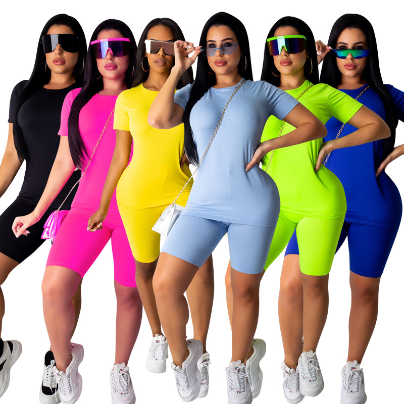 

Women Two Piece Outfits 2020 Summer Plus Size Tracksuit Solid Color Short-sleeved T-shirt Running Shorts Suit Breathable Women Tracksuit