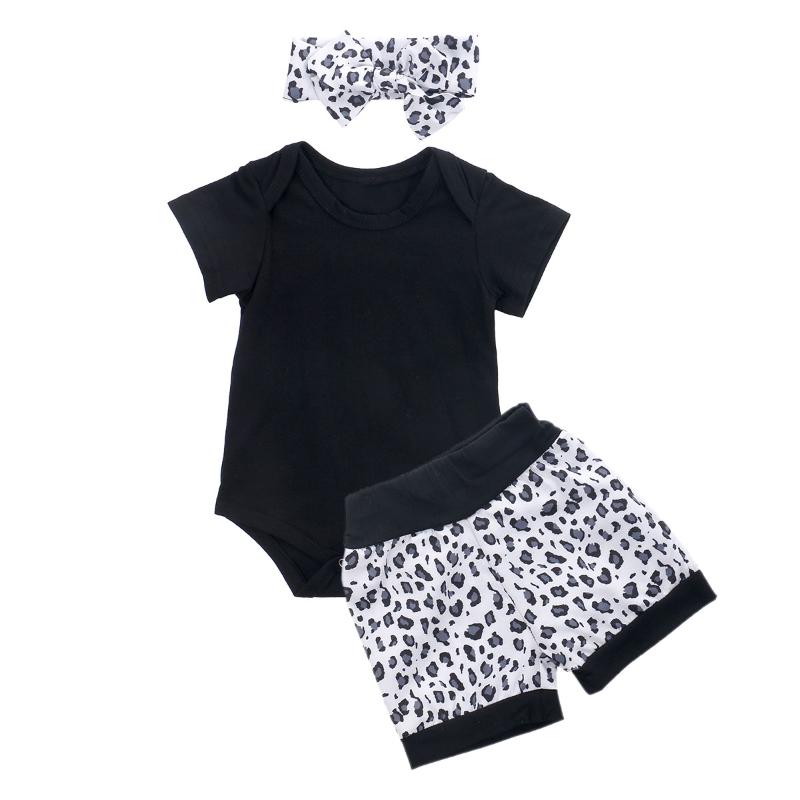 

Infant Newborn Baby Girls Boys Unisex Set Clothing Solid Black Romper Top+Leopard Print Short Pants+Headband 3Pcs Outfit 0-24M, As pic