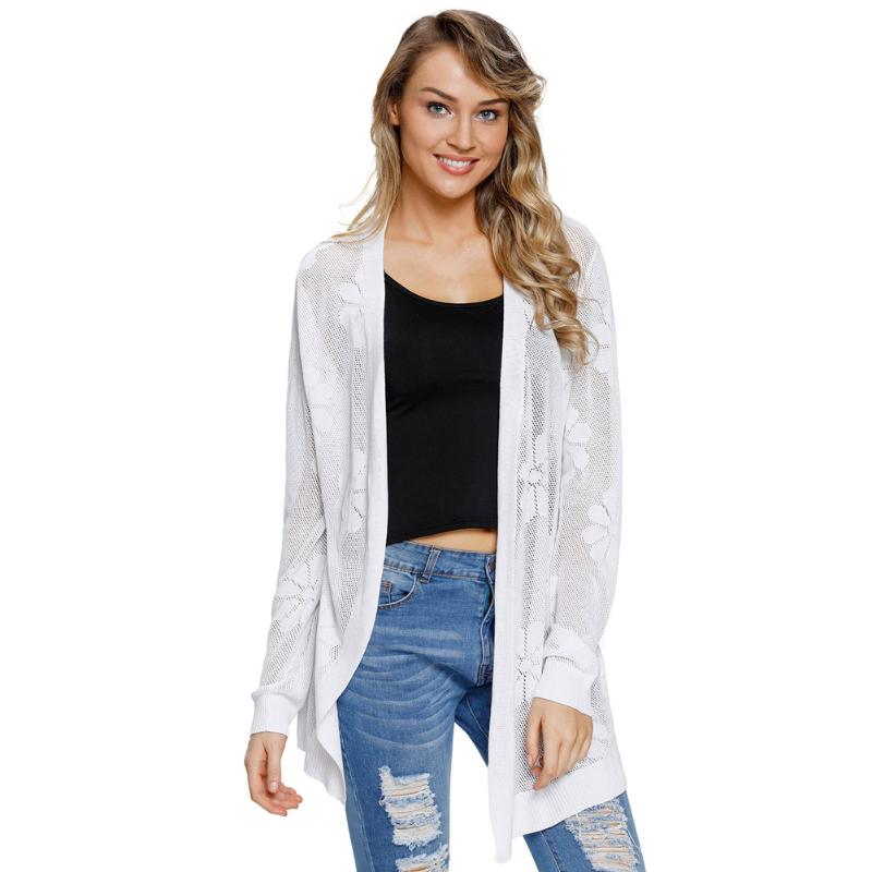 

Women's new knitted hollow-out pattern cardigan thin mid-length large size cardigan coat 27844, Black