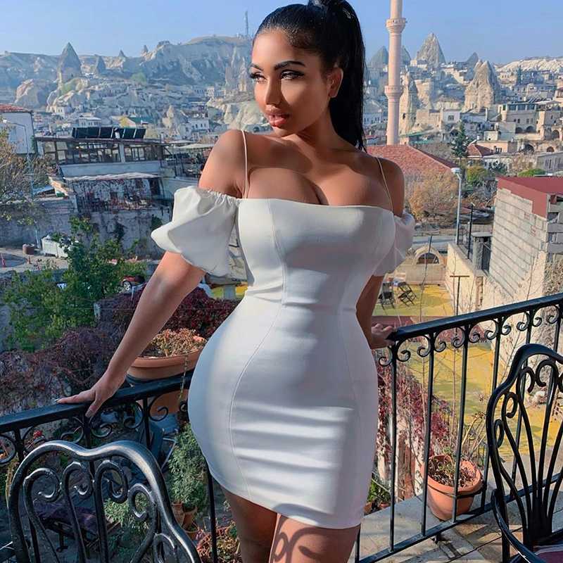 

NewAsia Double Layers Glossy Satin Dress Summer 2020 Vintage Puff Sleeve Mini Bodycon Dress Woman Party Night White Sexy, Pink