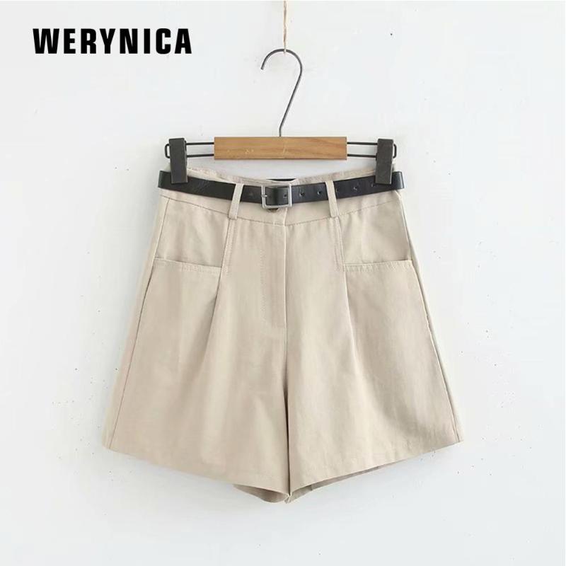 

Werynica 2020 New Spring Summer Formal Shorts Women Korean High Waist With Sashes Wide Leg Shorts Skirts Female Casual Botton, Khaki