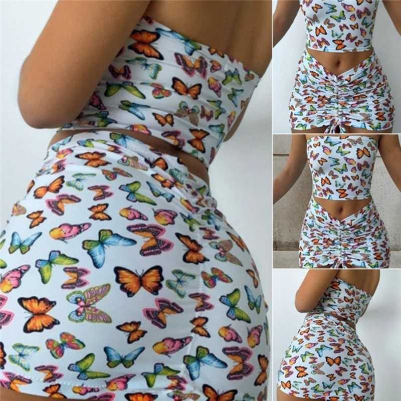 

Women Fashion Sleeveless Set Ladies Sexy Tube Top Casual Skirts Fashion Printed Butterfly Suit For Female 2PCS Set, White