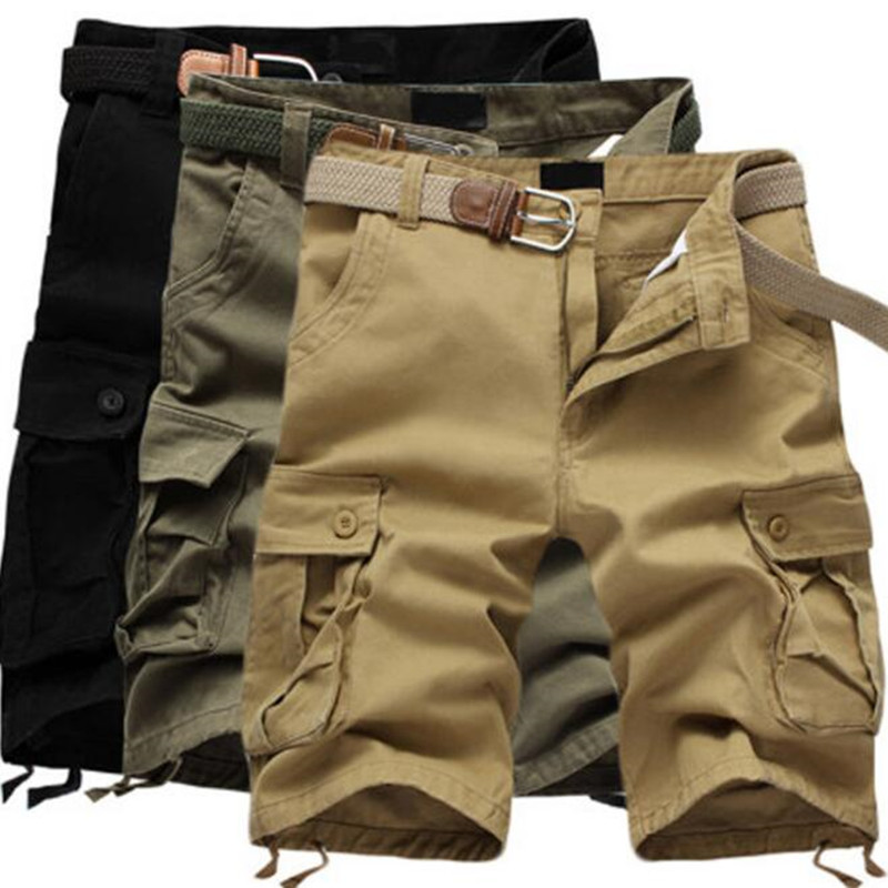 

New Summer Multi-pocket Shorts Mens Shorts Casual Pure Cotton Loose Camo Knee-length Mens Cargo Plus Size 42 44, Black