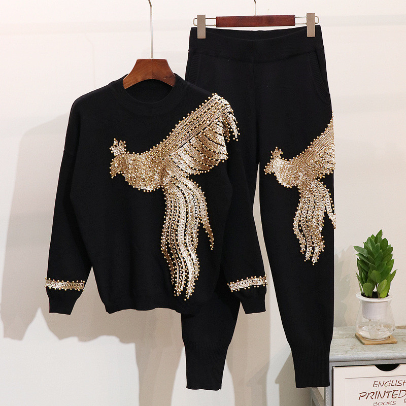 

High Quality 2020 Women Autumn Winter Beading Sequined Pattern Long Sleeve Knitted Pullover Tops Trousers 2PCS Clothing Sets, White