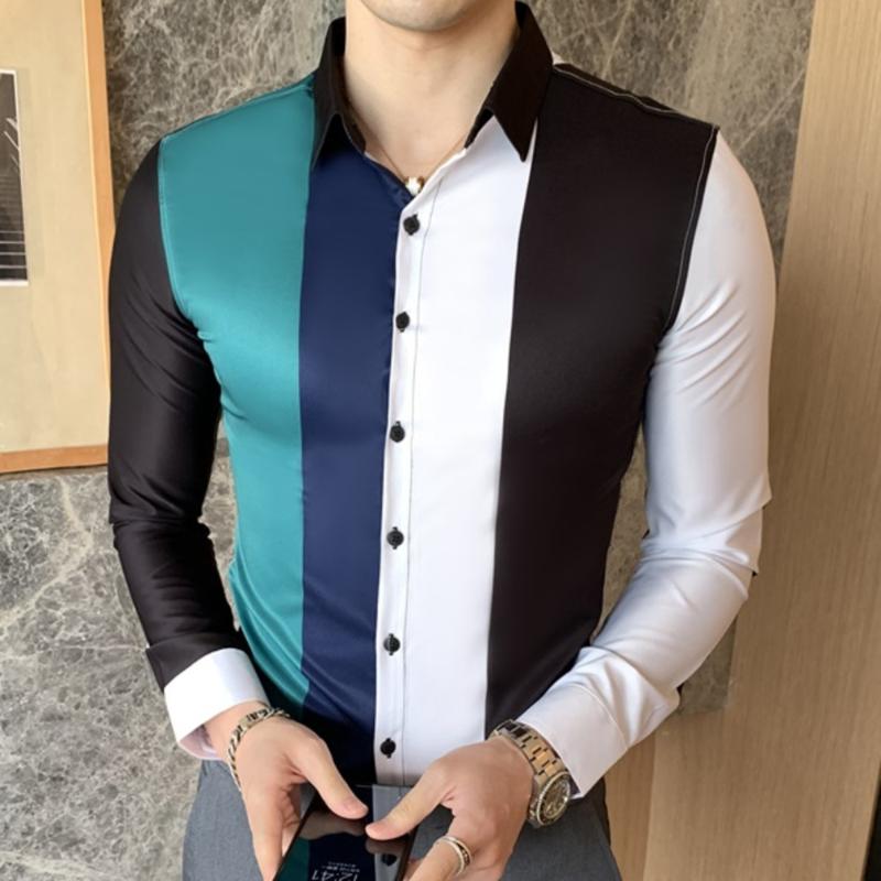 

Patchwork Striped Shirt Men Luxury Shirt Men Slim Fit Mens Formal Business Dress Shirts Streetwear Social Tuxedo Club Clothing, Picture 2
