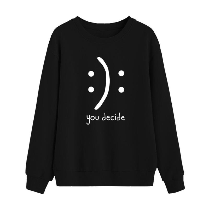 

Women Sweatshirt Cotton Pullover Casual O-Neck Long Sleeve smile Print Ladies Spring Autumn Streetwear Female Sweatshirts, Black