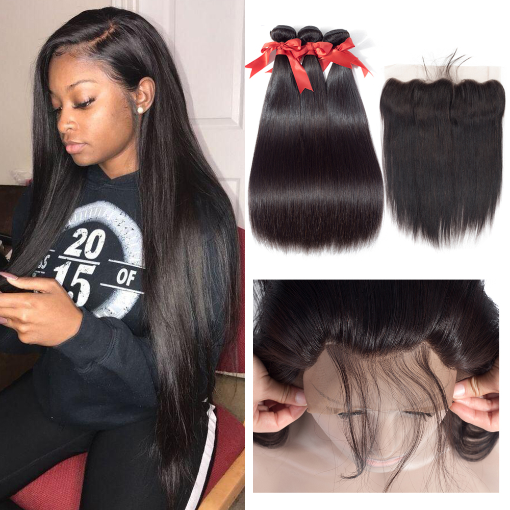 

Brazilian Straight Hair Bundles With Frontal Brown Lace Closure Human Hair Frontal With Bundles, Black