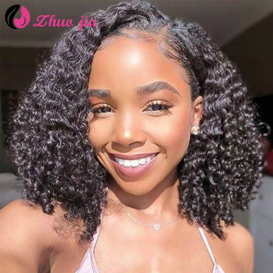 

ZHUO JIA Curly Lace Front Human Hair Wigs Brazilian Preplucked Transparent Lace Wigs 13x6 Bob Curly Human Hair Wig For Women, Natural color