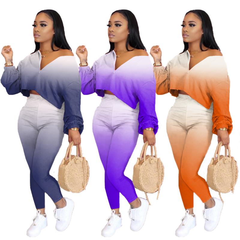 

Women Sport Suits Gradient Tie Dye Tracksuits Running Sets Female 2Pcs V-Neck Zipper Long Sleeve Pullovers High Waist Leggings, Blue