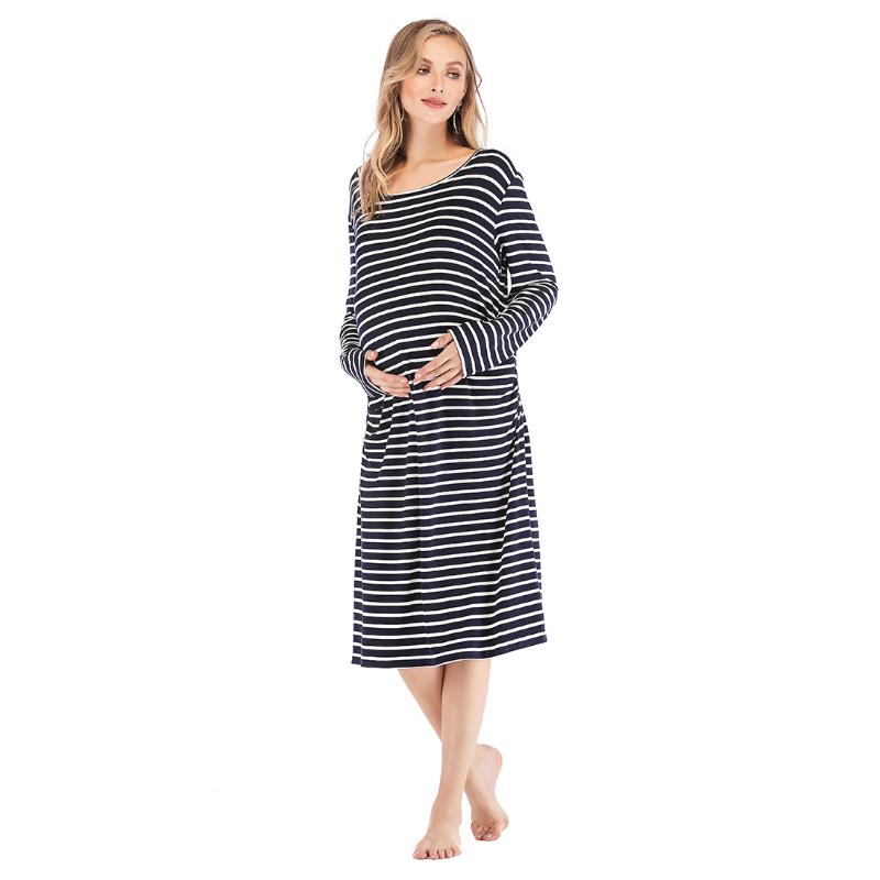 

Maternity Cotton Dress Long-Sleeved Summer Dress for Pregnant Women Pregnancy Women Striped Loose Soft for Photo Shoot, Black