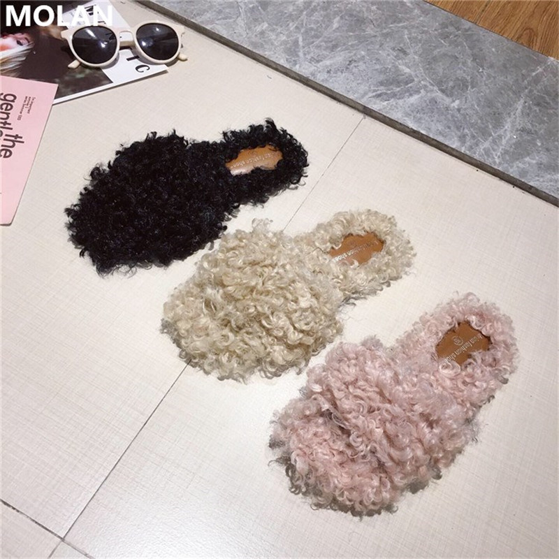 

MOLAN Brand Design 2020 Winter Korean Fashion Real Hair Flat Slippers Fur Slides Slip-on Loafers Mules Flip Flops Dress, Black