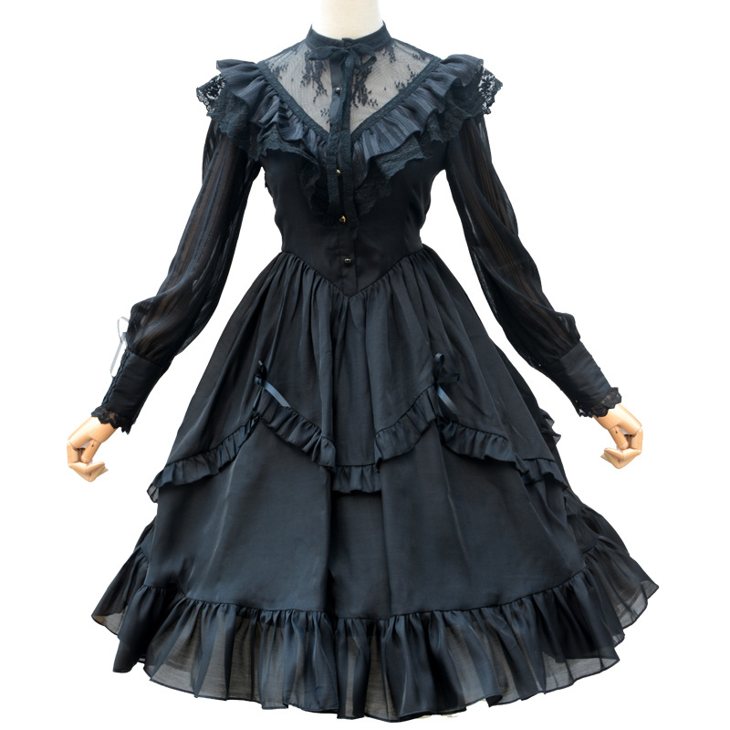 

Vintage Long Sheer Sleeve Casual Dress Lace Ruffled Illusion Neck Midi Gothic Party Dress, Black