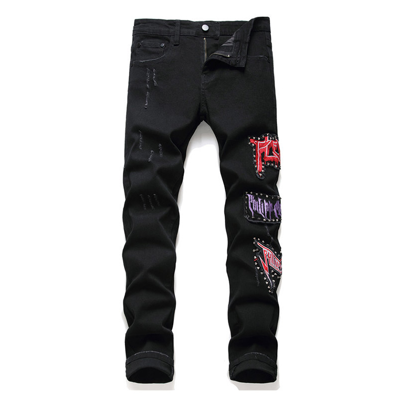 

KIOVNO Men's Rivet Ripped Jeans Pants Stretch Embroidery Denim Trousers Male Streetwear, Black