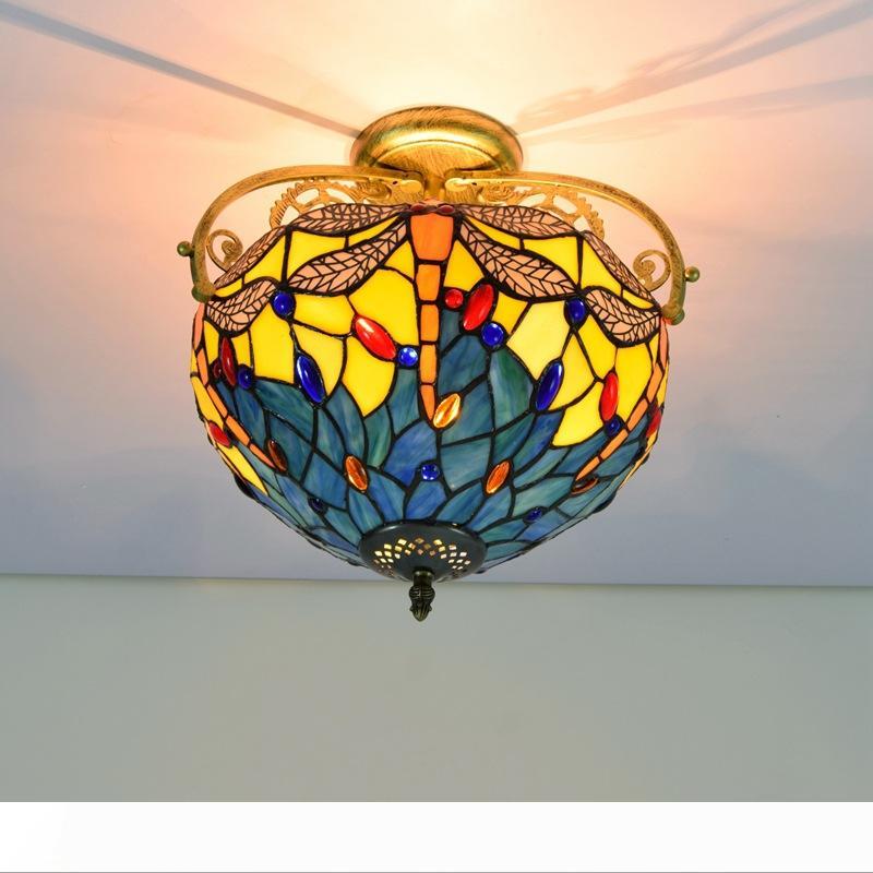 

30CM European Retro Yellow Bottom Dragonfly Stained Glass Dining Room Bedroom Aisle Corridor Bathroom Glazed Semi-ceiling Lamp TF042