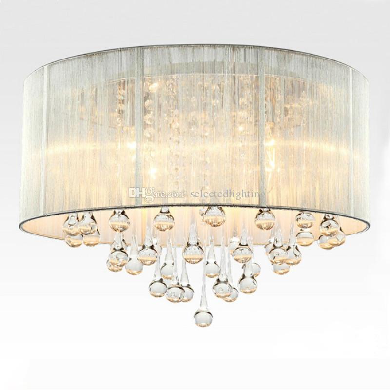 

Modern Drum Pendant Light Fabric Shade Rain Drop Crystal Chandeliers 6 Lights E14 E12 Bulb Crystal Lamp Light Fixture D.45cm