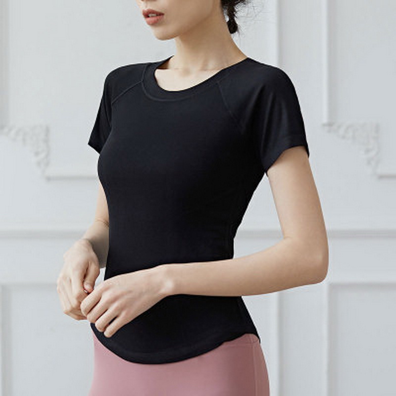 

Yoga Crop Top Sports Shirt Womens Workout Tops Exercise T Shirt Gym Top Energy Seamless Shorts Sleeve Fitness Elastic Running, Black