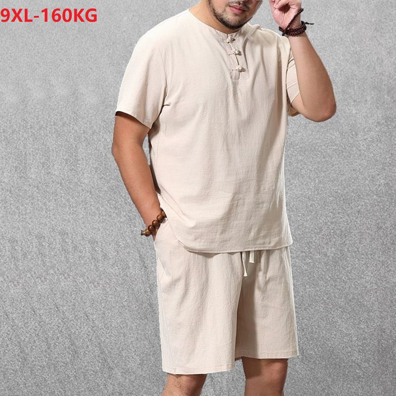 

Summer Men set Cotton linen vintage tshirt and shorts japan style Large Size 8XL 10XL 12XL Oversized casual home set tees Loose, Black