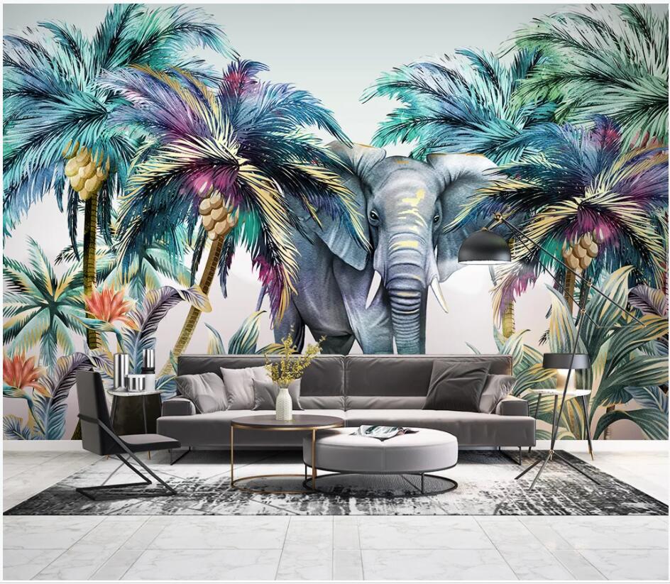 

3d wallpaper custom photo mural Hand drawn forest animal tropical plant elephant coconut tree living room photo wallpaper for walls 3 d, Non-woven