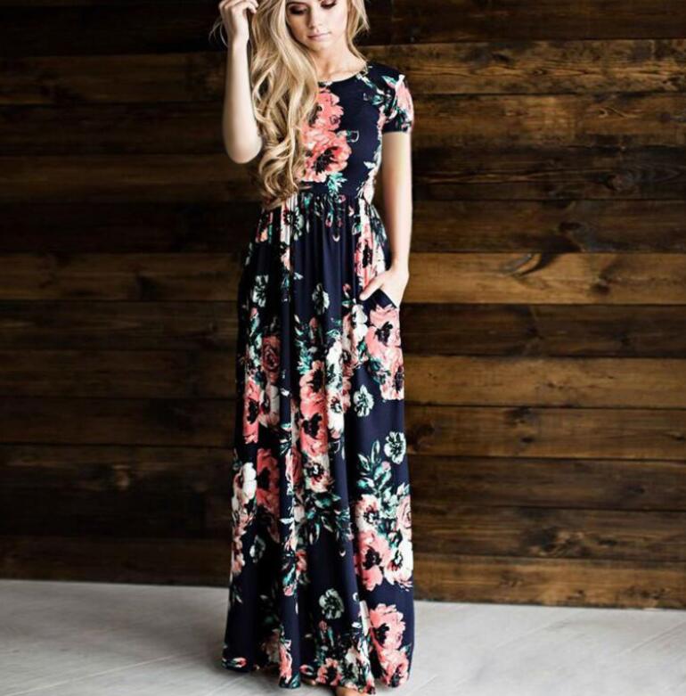 

Wholesale Designer Dressess Women Floral Print Summer Boho Dress Evening Gown Party Long Maxi Dress Fashion Sundress Clothing 5 Colors, Pink