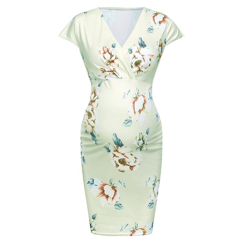 

2020 Summer V-neck short-sleeved printed dress for pregnant women Maternity dresses pregnancy clothes Q0705, Green