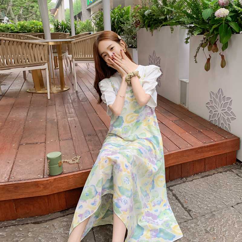 

8031# T shirt + Floral Dress Maternity Clothes Loose Stylish Short Sleeves two pieceDress for Pregnant Women Mom Dress, The picture color