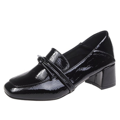 

2020 spring and autumn new casual all-match medium-heeled small leather shoes, one-foot British large size belted shoes, Black