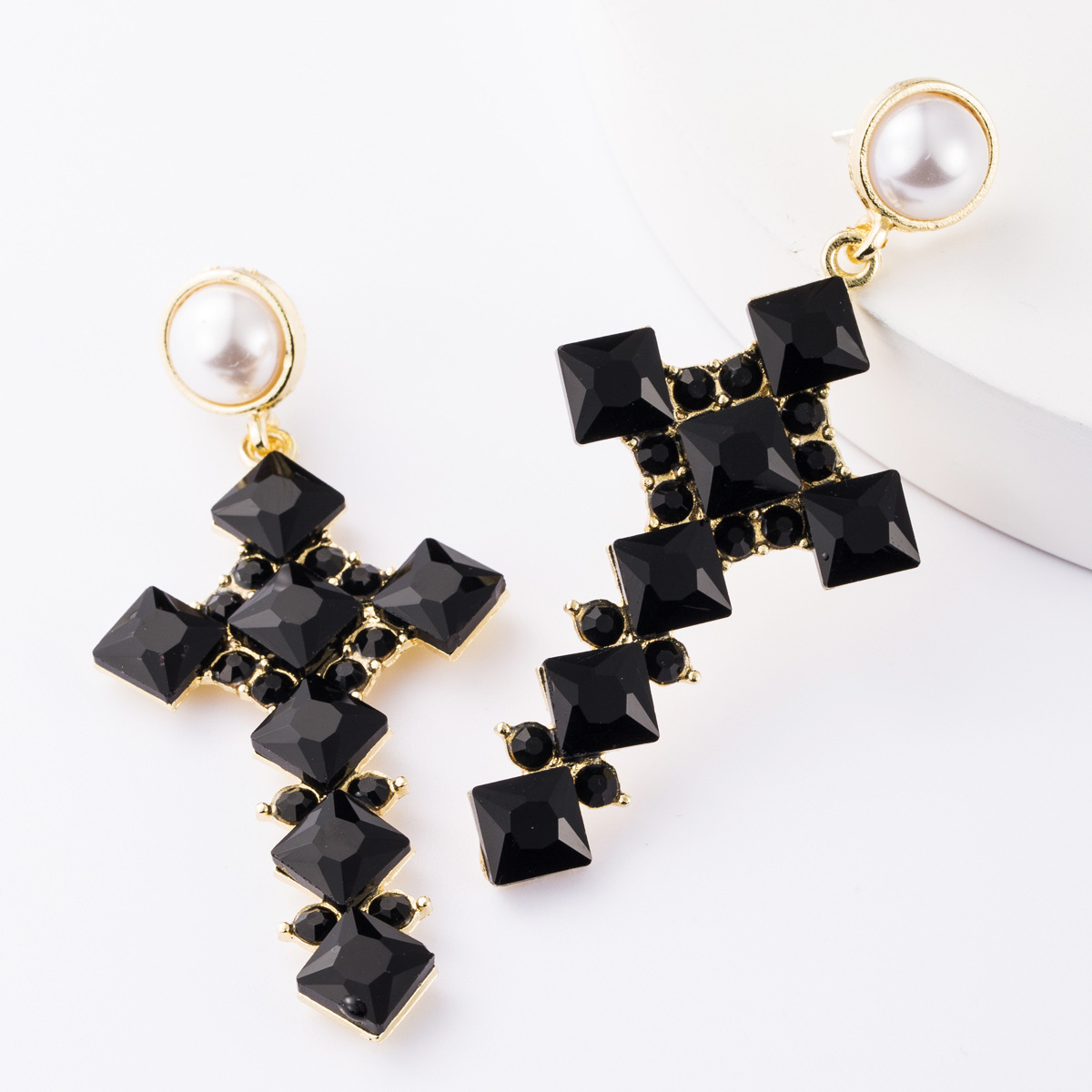 

Exaggerated alloy Diamond square diamond rhinestone cross S925 silver needle earrings female full diamond earrings