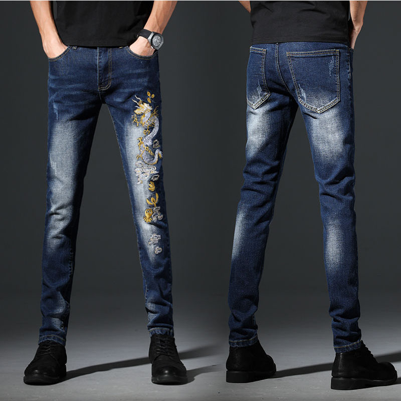 

Spring new color dragon pattern embroidered jeans men's stretch slim feet pants trend casual fashion trousers men jeans, Blue