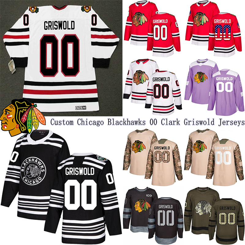 

Custom Chicago Blackhawks Hockey Jerseys 00 Clark Griswold CCM Winter Classic Purple Fights Cancer Camo 2017 Veterans Day Jersey, White ccm