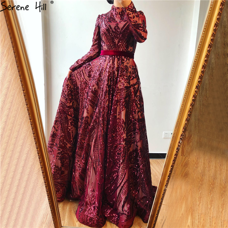 

Muslim High Neck Wine Red Sparkle Evening Dresses 2020 Long Sleeve Sequined Luxury A-Line Evening Gowns LA70530, Muslim gold