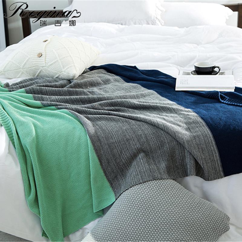 

REGINA Throw Blanket Three Color Contrast Patchwork Cotton Knitted Blanket Home Decor Sofa Cover Bed Sheet Tapestry Summer Quilt
