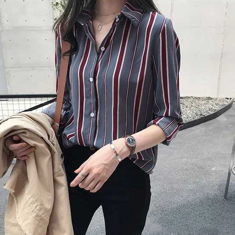 

Vintage Casual Shirts Women Tops Autumn Striped Loose Long-Sleeved Cardigan Female Shirt Harajuku Oversized Fashion Shirts 2020, Blue