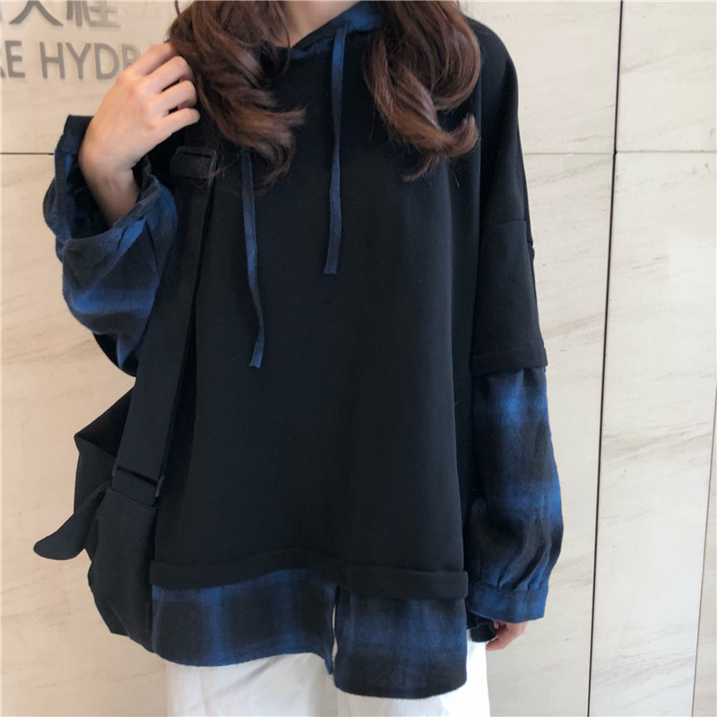 

Harajuku vintage female Hoodies Patchwork Korean Style Hooded Plaid Loose Casual Oversize Clothes Womens Pullover Leisure, Black