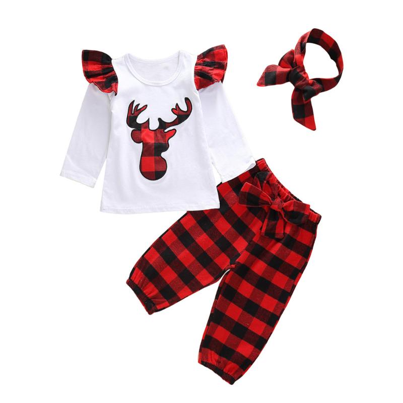 

Baby Girl Clothes Set Long Sleeve Autumn Newborn Bodysuit Deer+Red Plaid Pant+Headband Cute Girl Clothing Cotton Outfit Sets, Beige