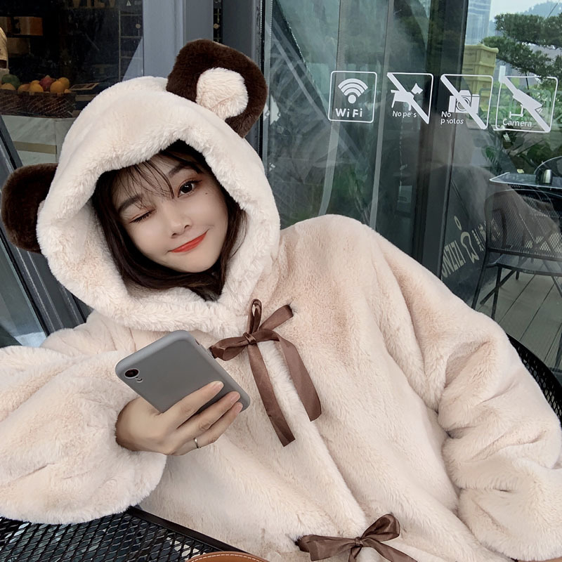 

Fur Coat Women' Autumn/Winter 2020 Fashion New Cute Student Hooded Long-Sleeved Bear Ears Thickened Warm Faux Fur Coat 105, Apricot