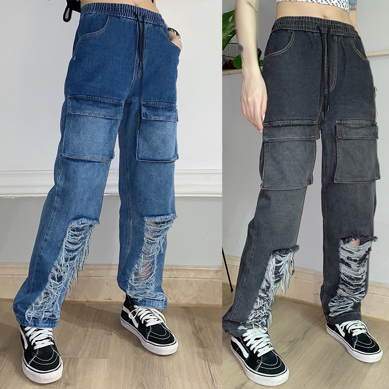 

Hong Kong Style BF retro jeans women's fashion brand loose straight tube net red with holes and multiple pockets jean, Black