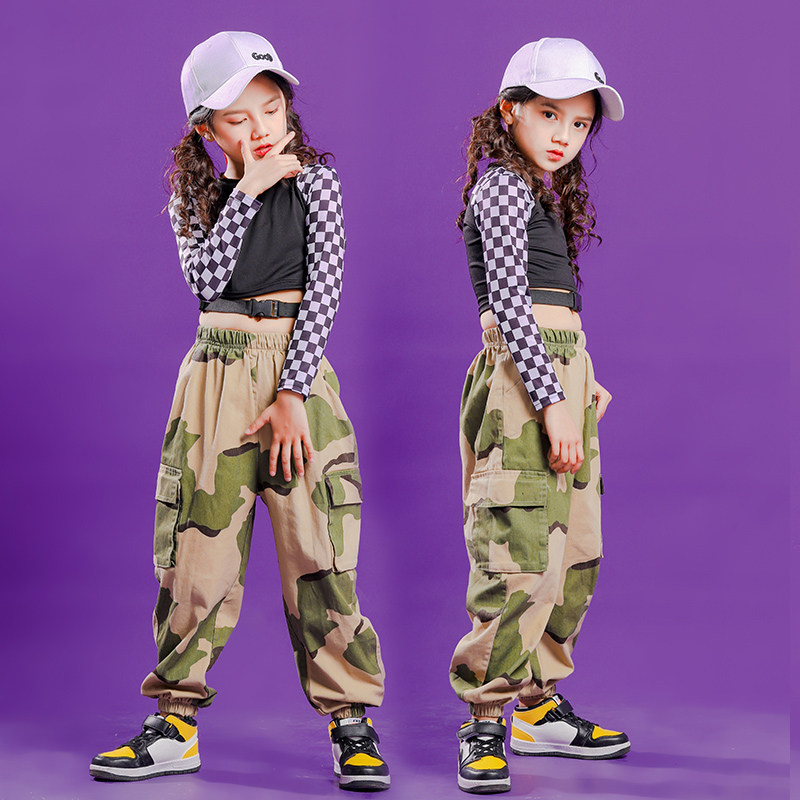 

Children Hip Hop Clothing Sweatshirt Top Crop Shirt Camouflage Casual Pants for Girl Dance Costume Ballroom Dancing Clothes Wear, Black