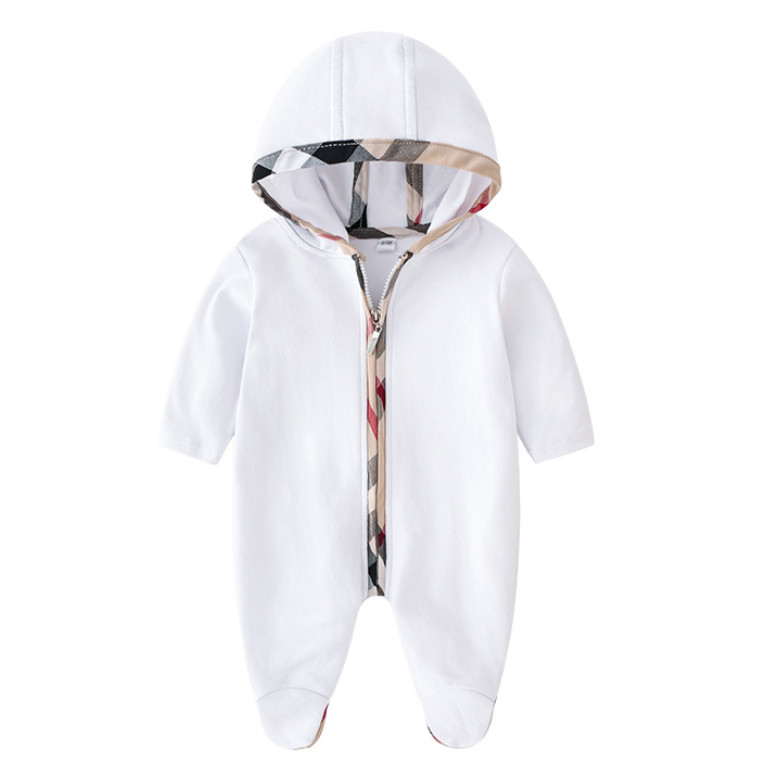 

Baby kids romper infant boys plaid hooded jumpsuits toddler girl patch lattice long sleeve climb clothes newborn kids cotton diaper P0052, White