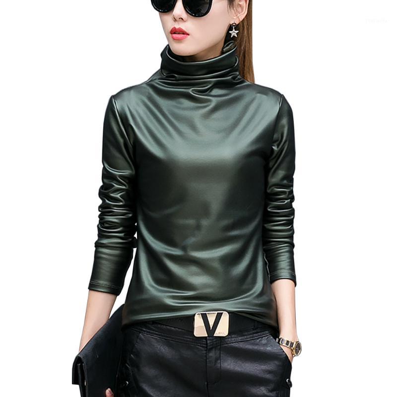 

European punk plus size women blouse autumn turtleneck long sleeve tops shirt ladies velvet stretch camisas PU leather blouses1, Black