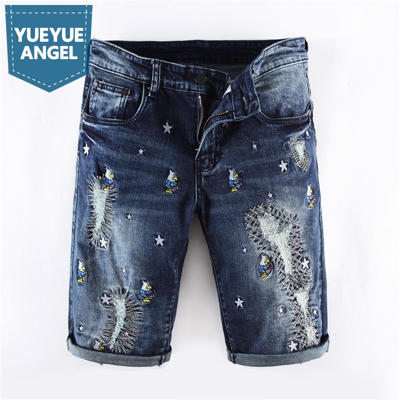 

Personality Embroidery Denim Shorts Men European Clothing Slim Fit Elastic Casual Mens Jeans Summer Knee Length Straight Shorts, Blue