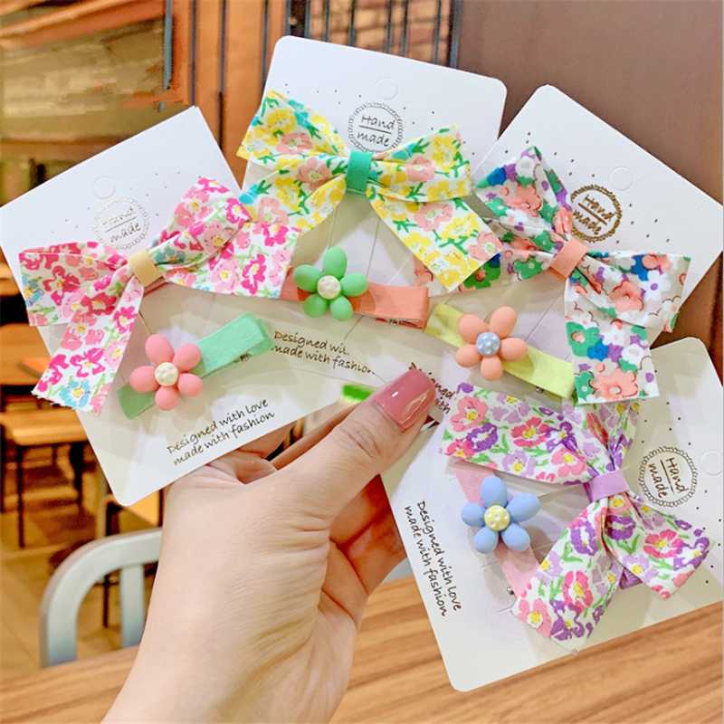 

6set/lot Korean floral bow hairpin kids princess girls children pastoral wind clip headdress girl flower bangs clip hair pin, Set 3