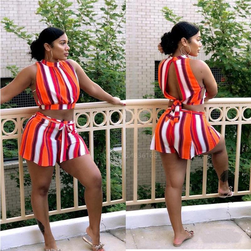

Women African Clothing 2pcs Stripe Sleeveless Pants Suit 2020 New Fashion Female Bandage Riche Print Top Dashiki Dress Plus Size
