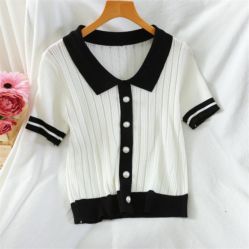

Summr Knitted Crop Top Black White T Shirt Women Short Sleeve High Quality Pearl Button Elegant T-Shirt Femme Dropshipping